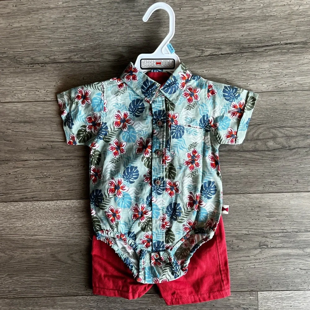 Dapper Dude Baby Boy Matching 2 Piece Set Hawaiian Shirt Onesie Red Cargo Shorts